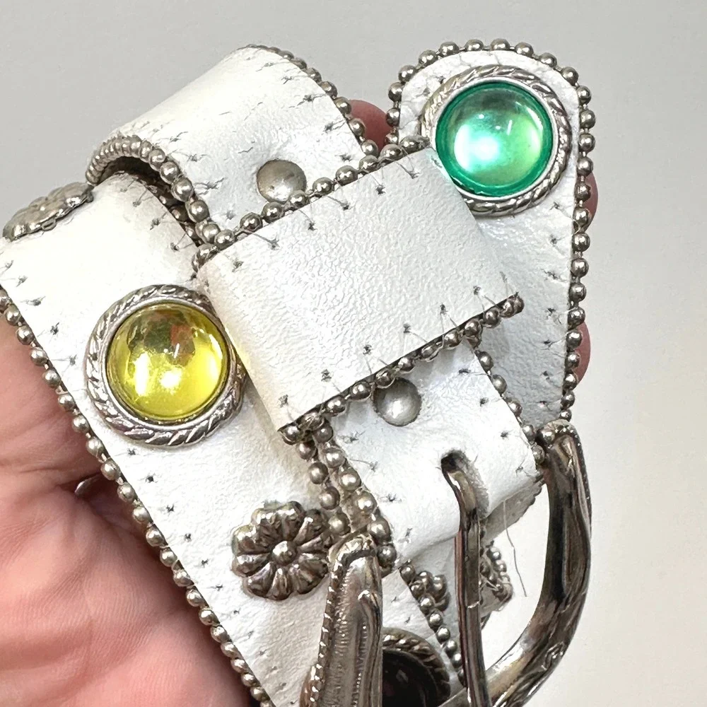 Vintage 80s Jeweled Cabochon Genuine Leather Belt M/L White Multicolor Festival